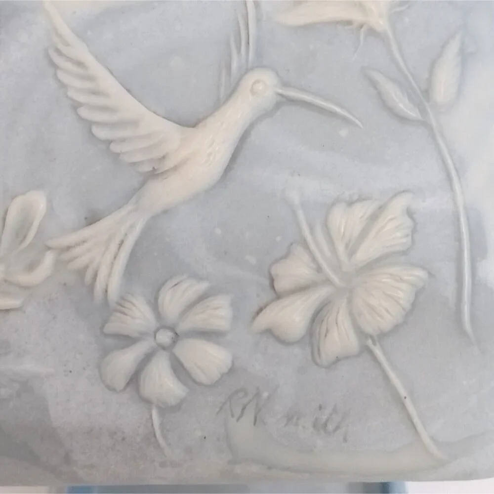 Vtg Signed Robert Nemith Hummingbird & Floral Inlay Blue Soapstone Trinket Box
